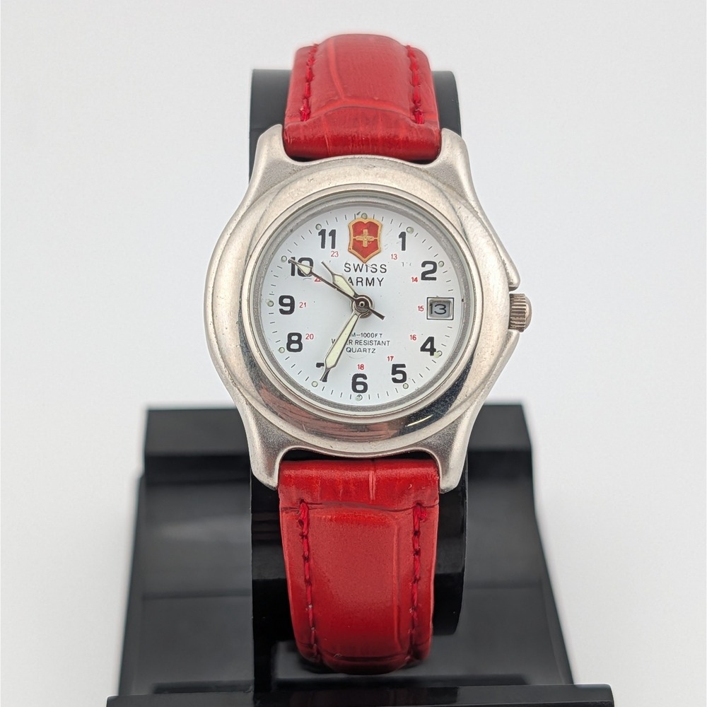 Vintage Swiss Army 8888 Quartz Watch Date White Dial Red Strap 28mm Lume